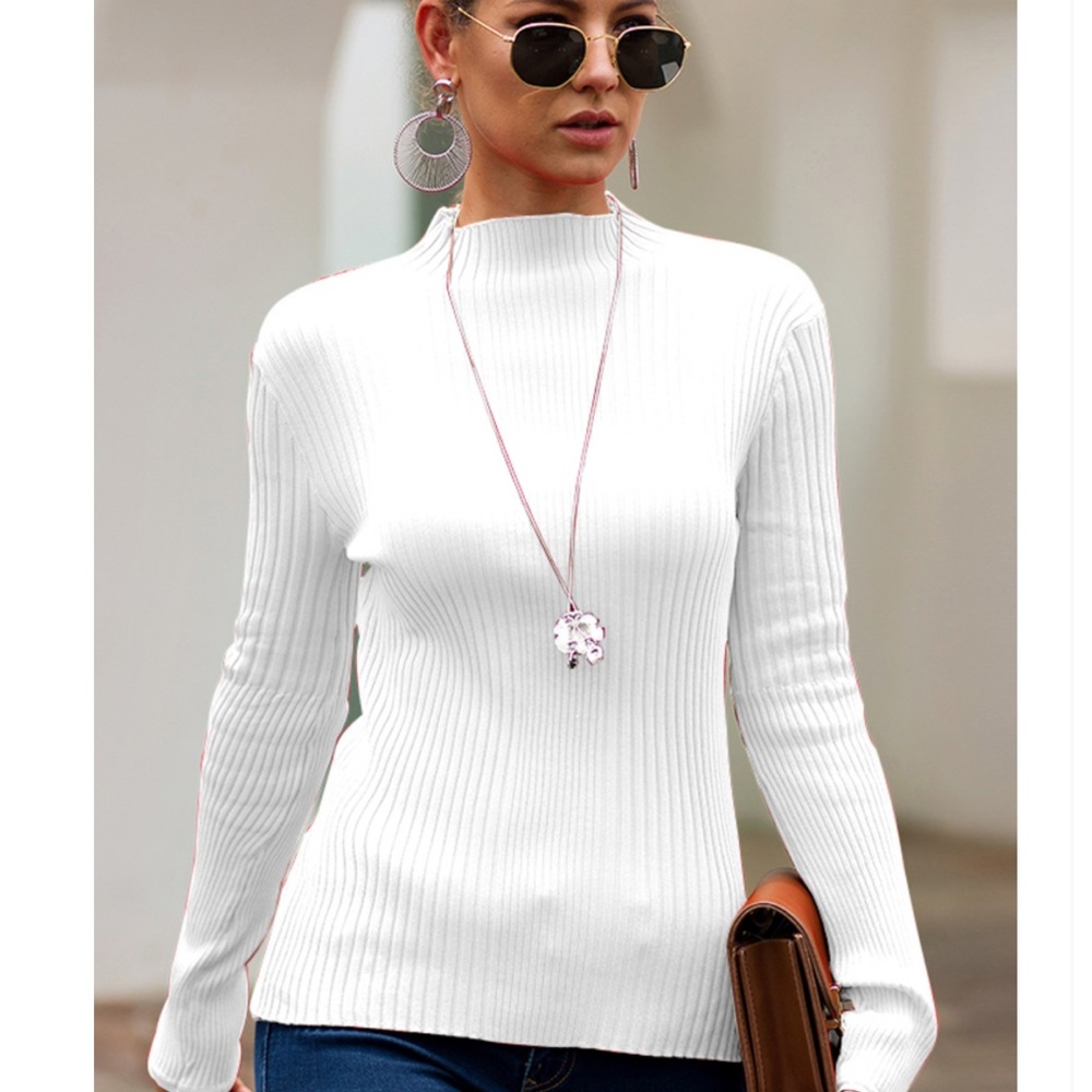 🍁 Mila Ribbed Mock Neck White Blouse - Picture 3 of 6